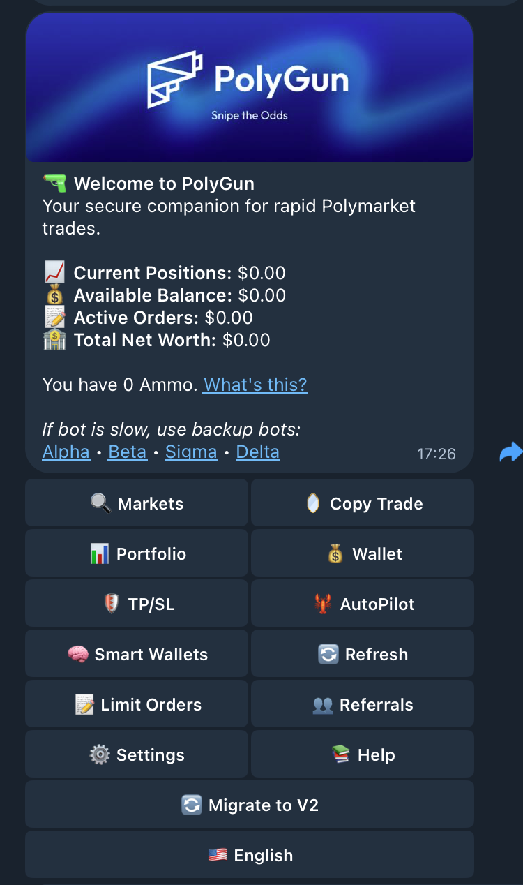 PolyGun Telegram bot welcome screen with portfolio balances and main menu